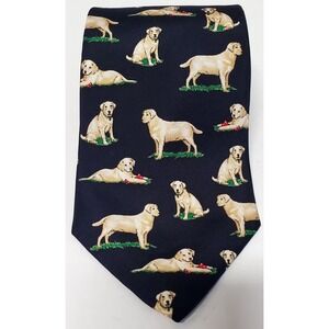 Allyn Neckwear Necktie Yellow Labrador Retriever Posing on Grass Navy Background